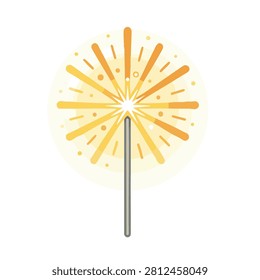 A simple flat graphic design of a lit handheld sparkler radiating bright yellow sparks for celebrations and holidays.