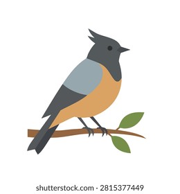 A simple flat graphic design of a small bird with a crest sitting on a tree branch with two green leaves against a plain background