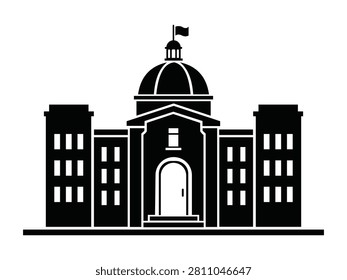 Simple flat graphic icon representing academic institution or government hall. Minimalist design features classic architecture with symmetrical wings and prominent entrance door design.