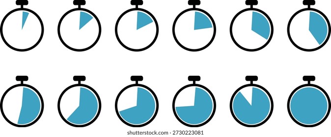 Iconos gráficos planos simples de cronómetros que ilustran diferentes etapas de la progresión del tiempo.
