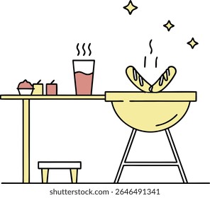 A simple, flat graphic illustration depicts a barbecue scene on a white background. A yellow grill with stylized grill marks contains food items. To the left, a yellow table holds pink cups 
