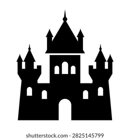 A simple flat graphic illustration featuring a classic fortress structure with multiple turrets and entryways suitable for fantasy themes and children book designs.
