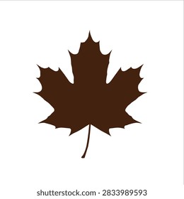 A simple flat graphic illustration of a maple leaf in a dark brown color isolated on a plain white background
