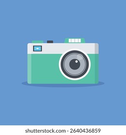 Simple, flat graphic illustration of a vintage camera. The camera is a mint-green color and sits on a solid blue background.  The camera's lens is a dark gray circle.