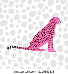 A simple flat graphic illustration of a wild cheetah big cat portrait in pink.
