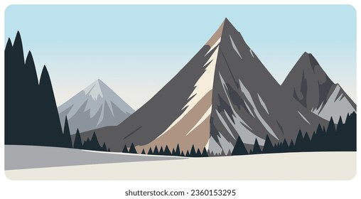 Simple flat graphic vector illustration of abstract mountain landscape with sharp triangular snowy mount peaks and fir tree forest at winter day. Cartoon sketch concept for skiing or hiking tourism.