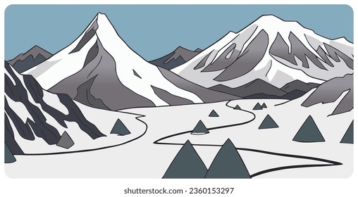 Simple flat graphic vector illustration of abstract snowy mountain landscape with snowcapped peaks and mount range at winter day. Cartoon sketch concept for mountaineering or hiking tourism.