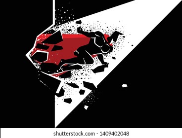 Simple flat graphic vector of a superhero break through concrete wall