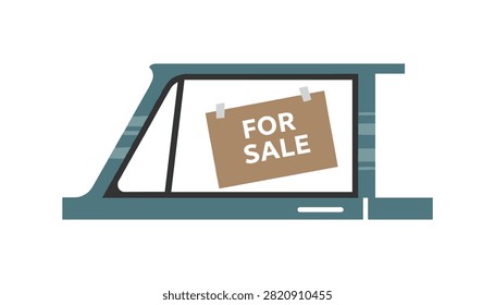Simple flat graphic of a vehicle side window featuring a brown cardboard FOR SALE sign taped to the glass surface.