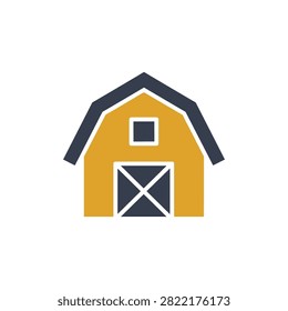 A simple flat graphic of a yellow barn with dark roof and cross doors perfect for agricultural branding and rural themes. Used for farm business.