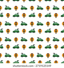 Ilustración de fondo de patrón transparente de coche plano y semáforo verde simple
