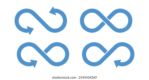 Símbolos simples de infinito verde plano. Elementos de design para infinitos ilimitados, infinitos, eternidade, loop, descontinuação e conceitos de repetição. Ilustração vetorial