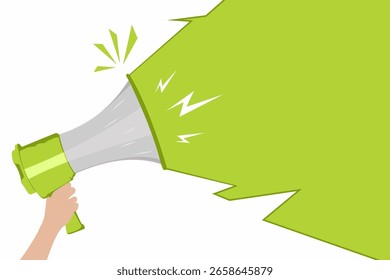 Diseño de ilustración de altavoz de megáfono verde plano simple con Plantilla de Vector de fondo verde y blanco. Diseño de elemento de volante de campaña promocional. Ilustración vectorial con espacio vacío para texto.