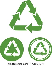 Simple flat green vector garbage recycling icon. Set of three cliparts of a recycle waste symbol