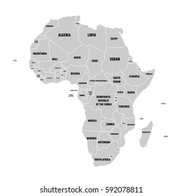 Simple flat grey map of Africa continent with national borders and country name labels on white background. Vector illustration.