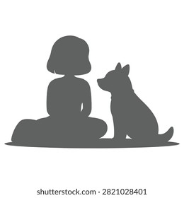 A simple flat grey silhouette illustration of a young girl sitting on the floor interacting with her loyal pet dog, representing friendship and love.