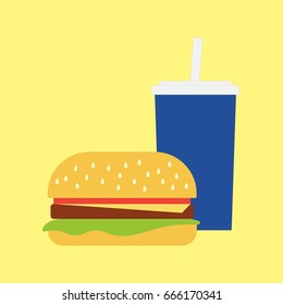Simple flat hamburger with blue cup icon on light yellow background
