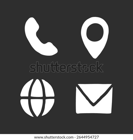 Simple Flat Hand Drawn Icons. Call Phone Number, Location Map Marker Address, Internet Website Globe, Mail Email Envelope Icon Set. Web Icons Resume Business Card.