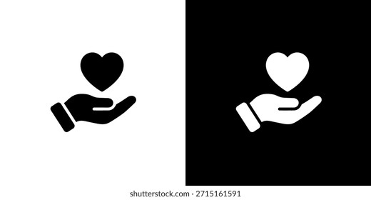 Simple Flat Hand Holding Heart Silhouette Icon in Black and White