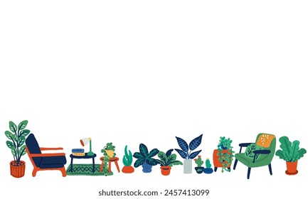 Simple and flat hand-drawn illustrations of interior decoration and houseplants
