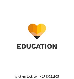 Simple flat heart pencil logo for drawing school or courses, online education. Love drawing, stationery logo. Student, sketching, note, creativity, edit, practice, study icon.