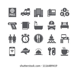 Simple flat high quality vector icon set,Hotel Building, Hotel Service, Bathroom tour car and more. .48x48 Pixel Perfect.