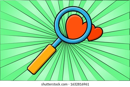 Simple flat icon of a beautiful magnifier for coming closer and hearts for the feast of love Valentine's Day or March 8th. Vector illustration.