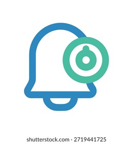 Simple flat icon with blue bell and teal target symbol. Bold outlines against White Background.