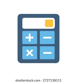 Simple flat icon of a blue calculator with black display and yellow button, isolated on White.