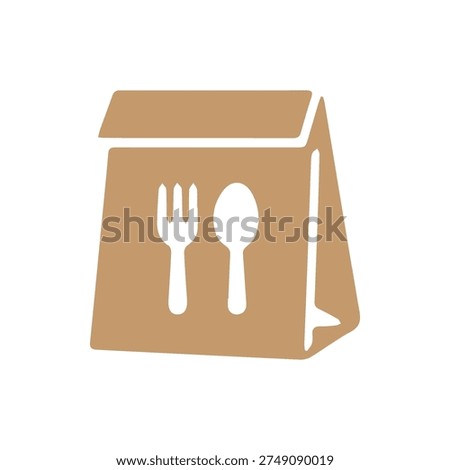 A simple flat icon of a brown paper bag with a fork and spoon silhouette. Represents food delivery, takeout, lunch, and restaurant services.