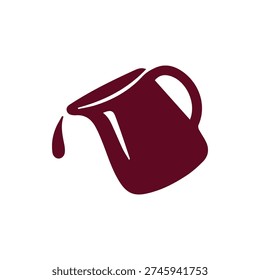 A simple flat icon of a burgundy pitcher or jug tilted and pouring out a single drop of liquid. Vector graphic for beverage or liquid concepts.