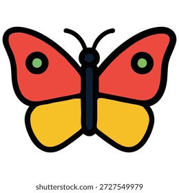 Icono simple y plano de una mariposa con colores y contornos audaces, perfecto para uso digital.