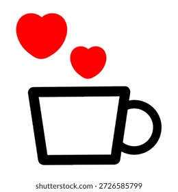 Simple flat icon of a coffee cup with two red hearts floating above. Perfect for Valentine's Day projects, romantic designs, and coffee shop logos. Minimalist style.
