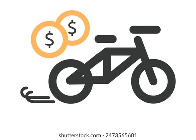 simple flat icon of a dark themed pedal bike with a dollar currency sign next to it
