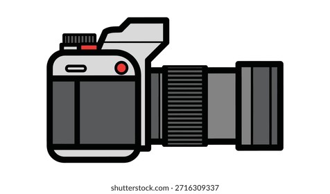 Simple flat icon depicts a gray digital camera from a side profile view suitable for design elements related to photography and visual media creation.