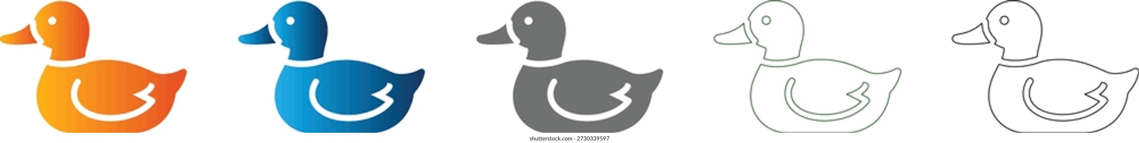 Ícone plano simples de um pato, parte de um conjunto de ícones coesos. Gráfico vetorial preto sólido isolado em branco.
