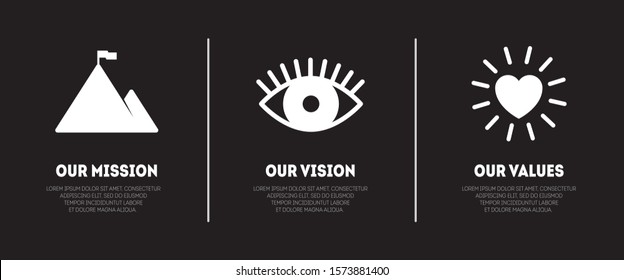 Simple flat icon with eye, mountain and heart for visualisation of Mission, Vision and Values of company