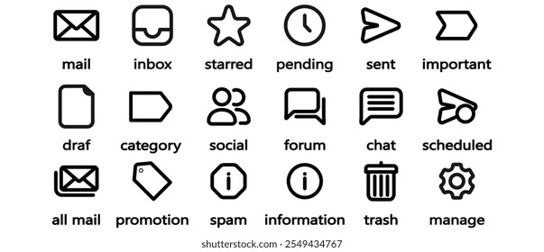 Icono plano simple de las características en el correo electrónico, Ilustración vectorial del icono del menú del correo electrónico, icono del correo electrónico establecido en fondo transparente.