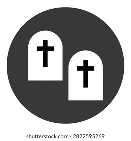 A simple flat icon featuring two white tombstones with black crosses inside a dark circular frame. Represents death, cemetery, funeral, mourning, and afterlife.