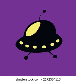 Simple flat icon of flying saucer. Clip art, design element, icon on the theme of cosmos, UFO, aliens. Black glowing silhouette isolated on purple background