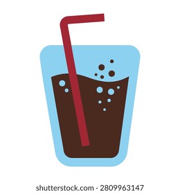 A simple flat icon of a glass filled with dark fizzy cola and a red drinking straw. Perfect for menu designs, beverage branding, fast food concepts, and websites.