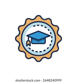 Um simples ícone plano de um boné de graduação, centrado dentro de um emblema decorativo redondo. O estilo é limpo e moderno.