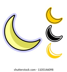 Simple flat icon of the half moon in several variations. Cartoon vector illustration of a lunar crescent can be used as element of logo, a button on website or other design, embroidery and engraving