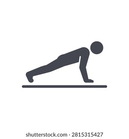 A simple flat icon of a human figure performing a pushup exercise, representing fitness, strength, and healthy lifestyle activities.
