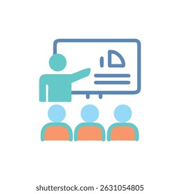 A simple, flat icon illustrating a teacher presenting a chart to three students. Educational and business context.