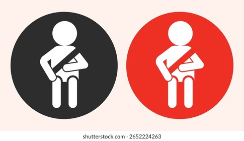 Simple flat icon illustration showing a person wearing a seatbelt, used as a safety sign or reminder for transportation and driving safety awareness visuals.