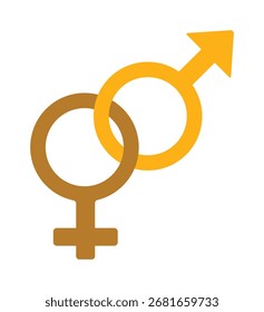 Ein einfaches flaches Symbol aus ineinandergreifenden männlichen (Mars) und weiblichen (Venus) Geschlechtssymbolen. Diese Grafik stellt die heterosexuellen Beziehungen, die Union, die Geschlechtsidentität und die Partnerschaft zwischen einem Mann und einem
