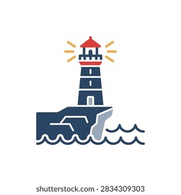 A simple flat icon of a lighthouse standing on a cliff