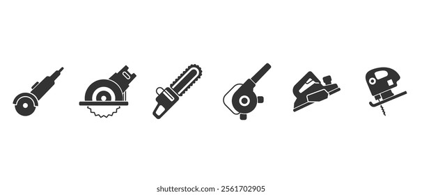 Simple flat icon of Modern carpentry equipment. Work tools. A set of work tools. Collection of repair and construction tools in flat style vector illustration on transparent background.