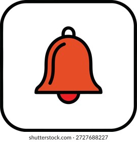 Um simples ícone plano de um sino laranja com um grampo vermelho dentro, contornado em preto, definido contra um fundo branco com cantos arredondados.